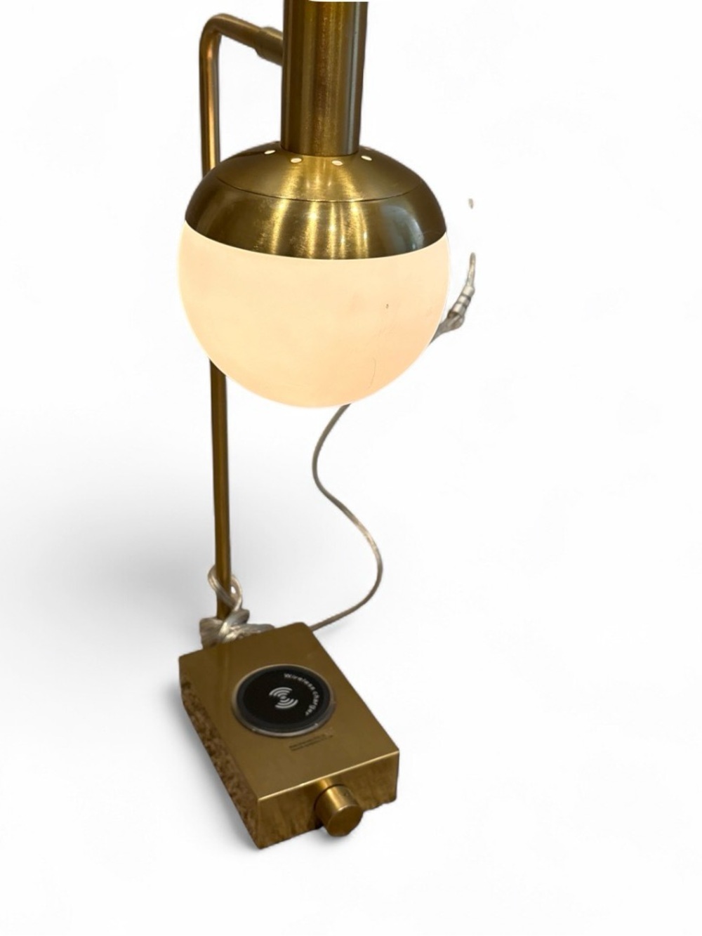 Modern Brass Table Lamp with White Glass Globe and Wireless Charging Base